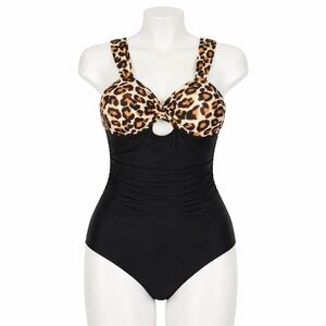 One Piece Swimsuit M Black & Leopard Print High Waisted Tummy Control Tie Back